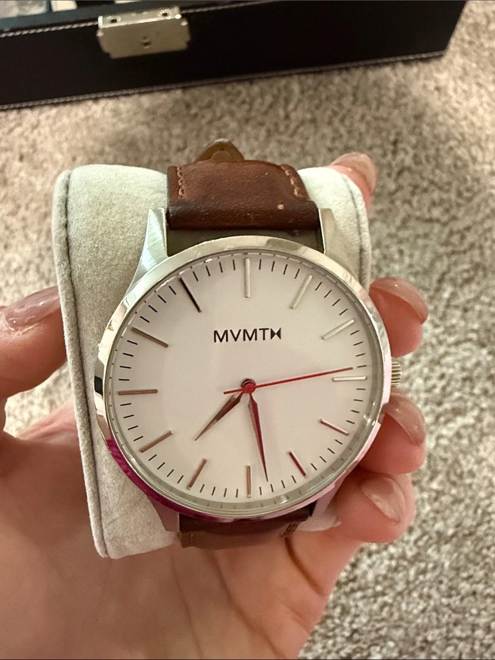 MVMT Silver Case Watch with White Dial and Brown Leather Strap